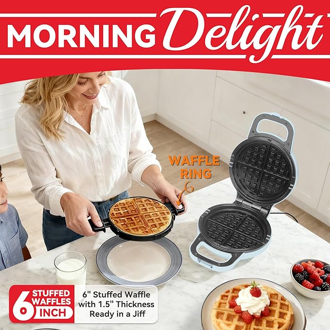 6" Stuffed Waffle Maker Rotating, Flip Waffles Maker Machine with Removable Waffle Ring, Ceramic Coated Belgian Waffle Maker for Kids, Waflera Electrica, Waffle Iron, Pale Blue