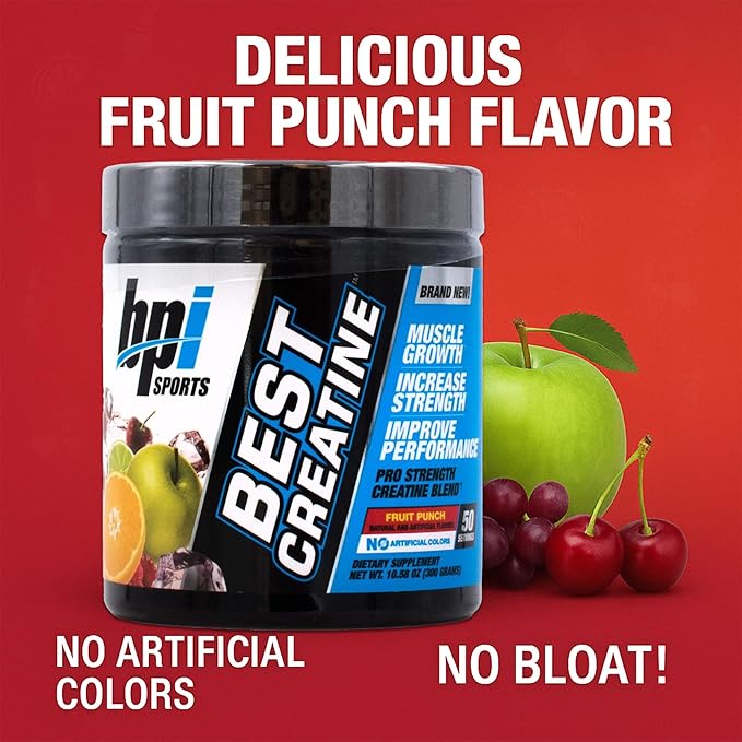 BPI Sports Best Creatine - Creatine Monohydrate Powder for Men & Women, Himalayan Salt - Strength, Pump, Endurance, Muscle Growth, Muscle Definition - No Bloat – Fruit Punch – 50 servings – 10.58 oz