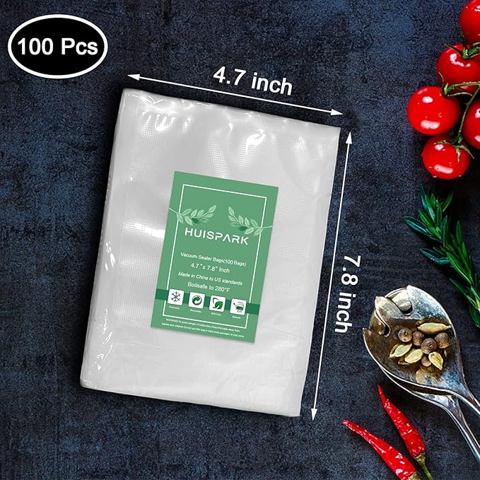 4.7" x 7.8" Vacuum Sealer Bags,Heavy Duty Pre-Cut Design Commercial Grade Food Sealable Bag for Heat Seal Food Storage,Smell Proof Bags Boilsafe to 280°F Freezable, Resizable,Reuseable (100Pcs)