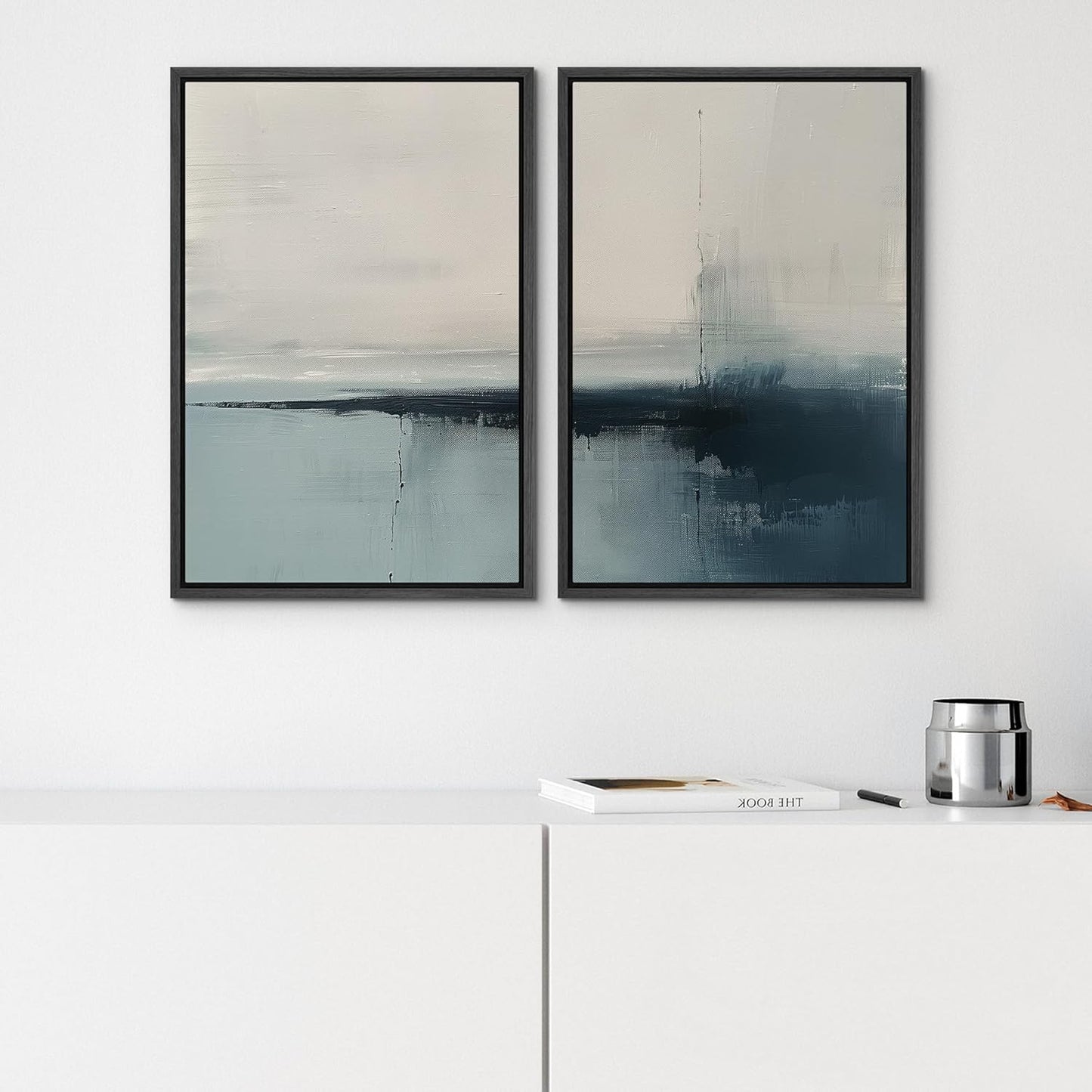 SIGNWIN Framed Canvas Print Wall Art Modern Blue Ocean-Inspired Coastal Abstract Serene Neutral Tones with Subtle Patterns Illustrations Decorative for Living Room, Bedroom, Office - 16"x24"x2 Black