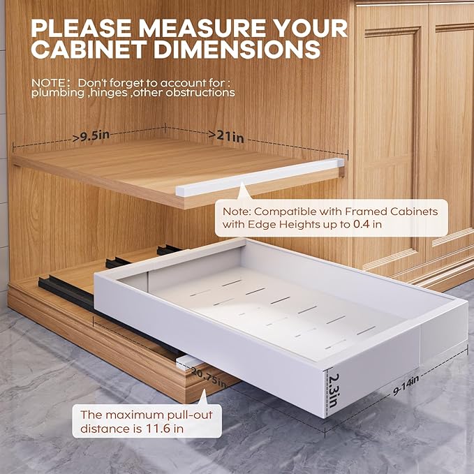 2 Pack Expandable (9"-14") Pull Out Cabinet Organizer 21" Deep With Raising Pad for Framed Cabinets,Upgrade 3 Slide Rails Slide Out Drawers,No Drill Roll Out Shelves Adhesive,White