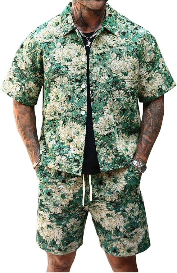 RoseSeek Men's 2 Piece Vacation Beach Outfits Floral Short Sleeve Button Down Shirt and Shorts Summer Clothing Set
