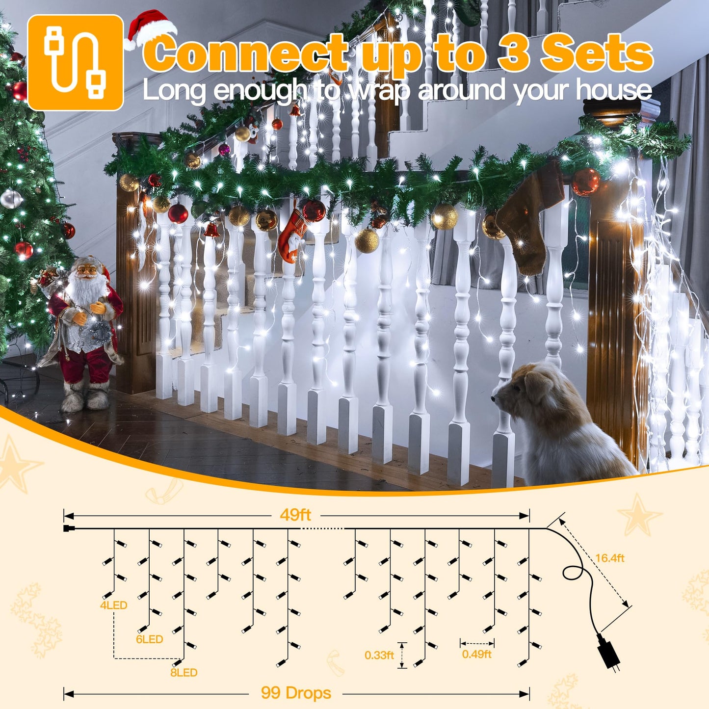 Ollny Cool White Icicle Lights, 594 Led Christmas Lights, 49Ft, Waterproof With Remote, 8 Modes, Model Hg-29V595Bc