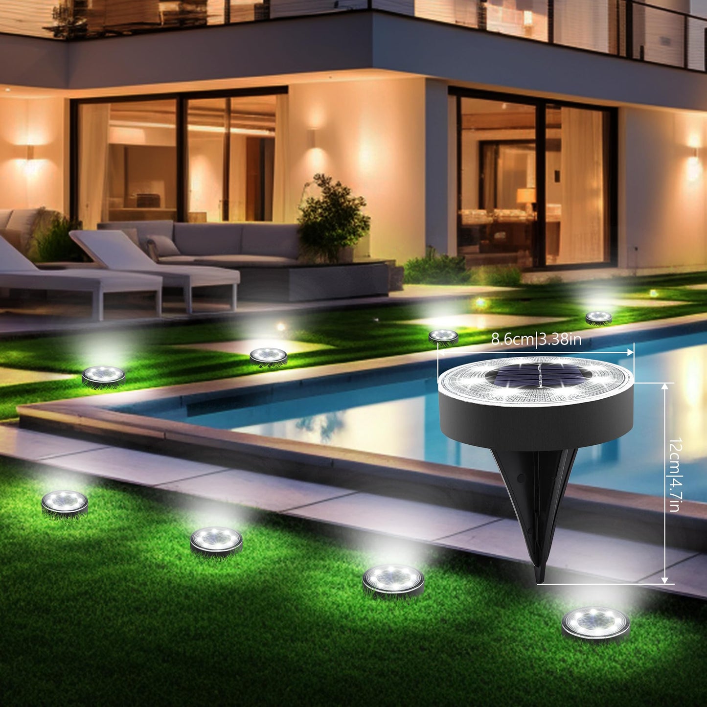 Joomer Solar Ground Lights, 12 Pack, 8 LED, Waterproof IP68, Landscape Lighting, White