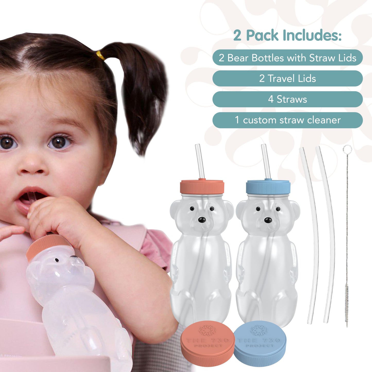 The 730 Project Honey Bear Straw Cup for Babies, 2-Pack Honey Bear Bottle with Travel Lid, Therapy Learning Honeybear Straw Cup, Baby Bottle Set, 8 oz, Blueberry Pie & Firetruck
