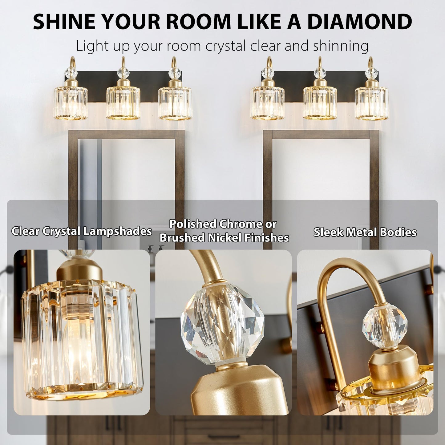 Diamondforge Bathroom Vanity Light Fixtures Over Mirror  Makeup Lighting For Modern Wall  Bath  Desk  Farmhouse  Hallway  3 Crystal Lights  Black Gold