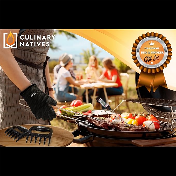 Meat Claws and Smoker Gloves | No.1 Heat Resistant BBQ Grill Gloves | Pulled Pork Claws | Thermometer | Silicone Oven Mitts & Razor-Edge Meat Shredders | Barbecue, Grilling, Smoking, Shredding (Black)