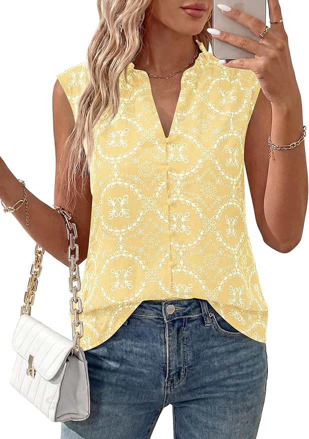 BTFBM Womens Summer Tops Dressy Casual 2026 Floral Eyelet Sleeveless Button Down Shirts Boho Beach Vacation Outfits