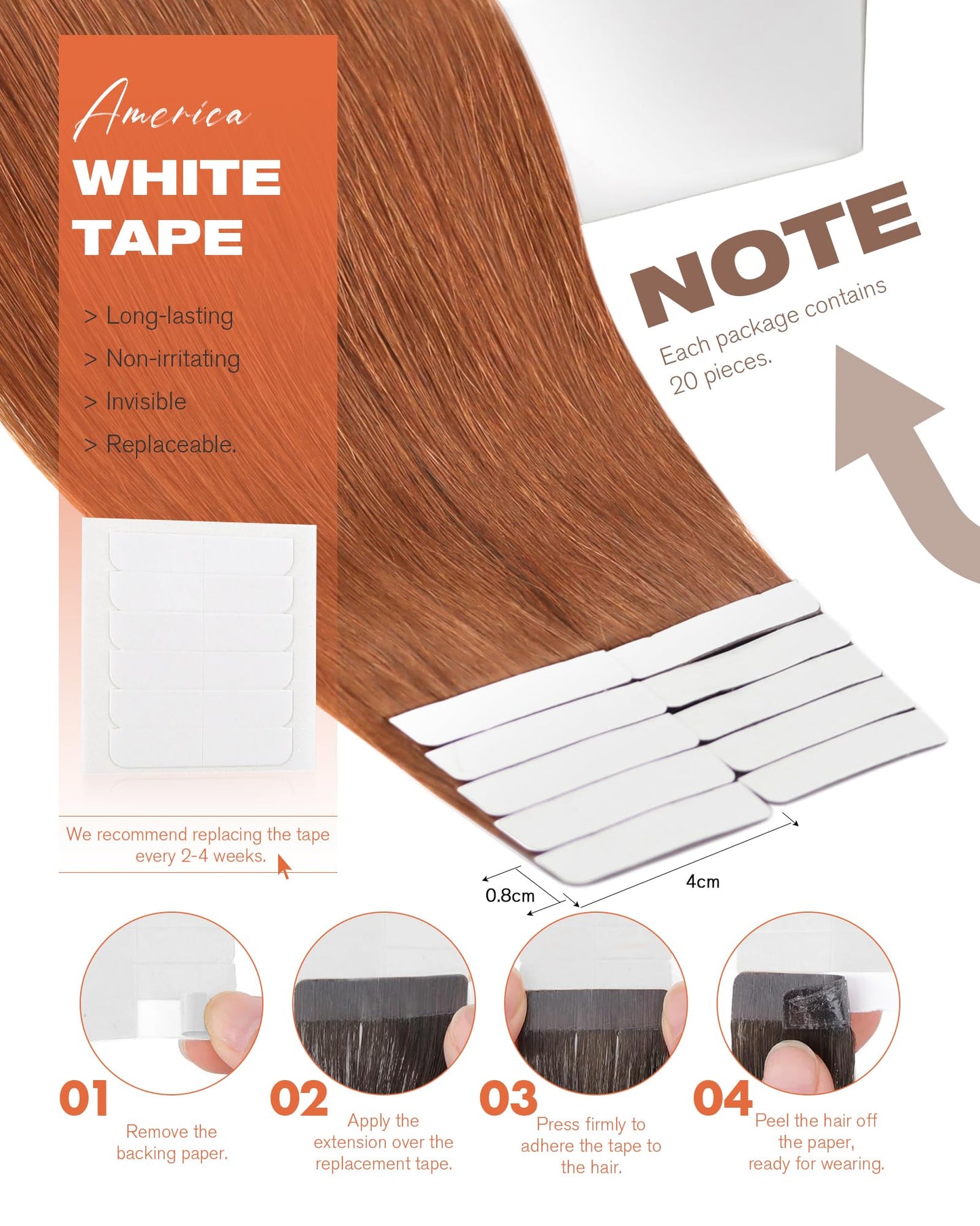 Sunny Hair Tape in Hair Extensions Real Human Hair Invisible Remy Hair Extensions Tape ins for Women Copper Red 18 inch 20Pcs 50