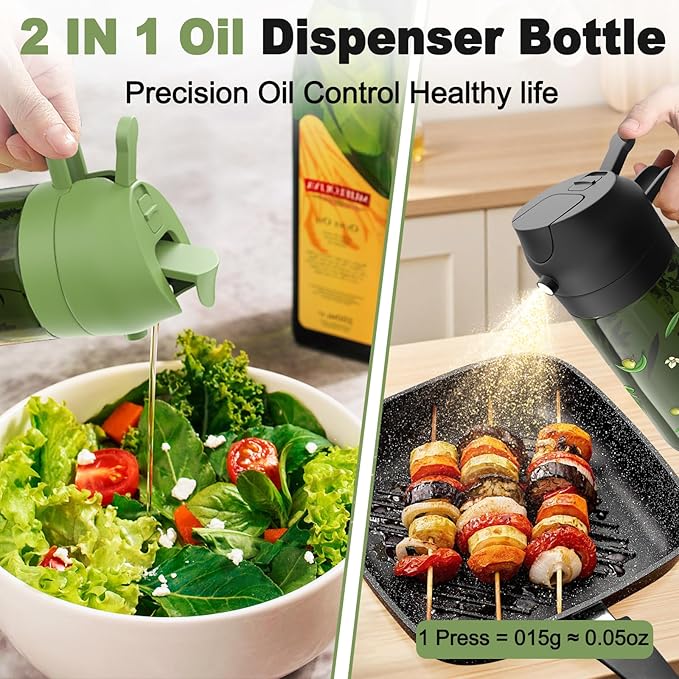 COOLMI Oil Sprayer for Cooking, 2 in 1 Olive Oil Dispenser Bottle Set for Kitchen, Food-Grade Glass Green Oil Vinegar Bottle Container - 16OZ/470ML Set of 2 (Black + Green)