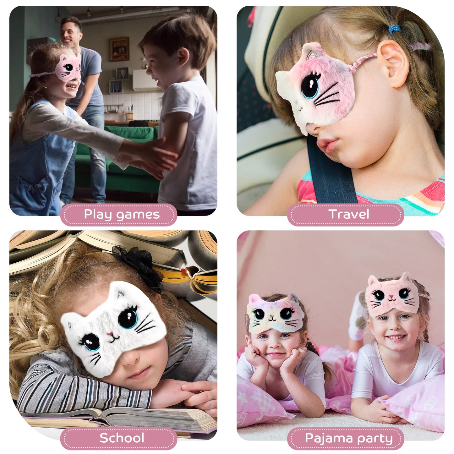 3 Pieces Sleep Mask for Kids, Girls Plush Sleeping Eye Cover Soft Eye Blindfold Cover Animal Shade for Kids(Colorful,Cat Style)