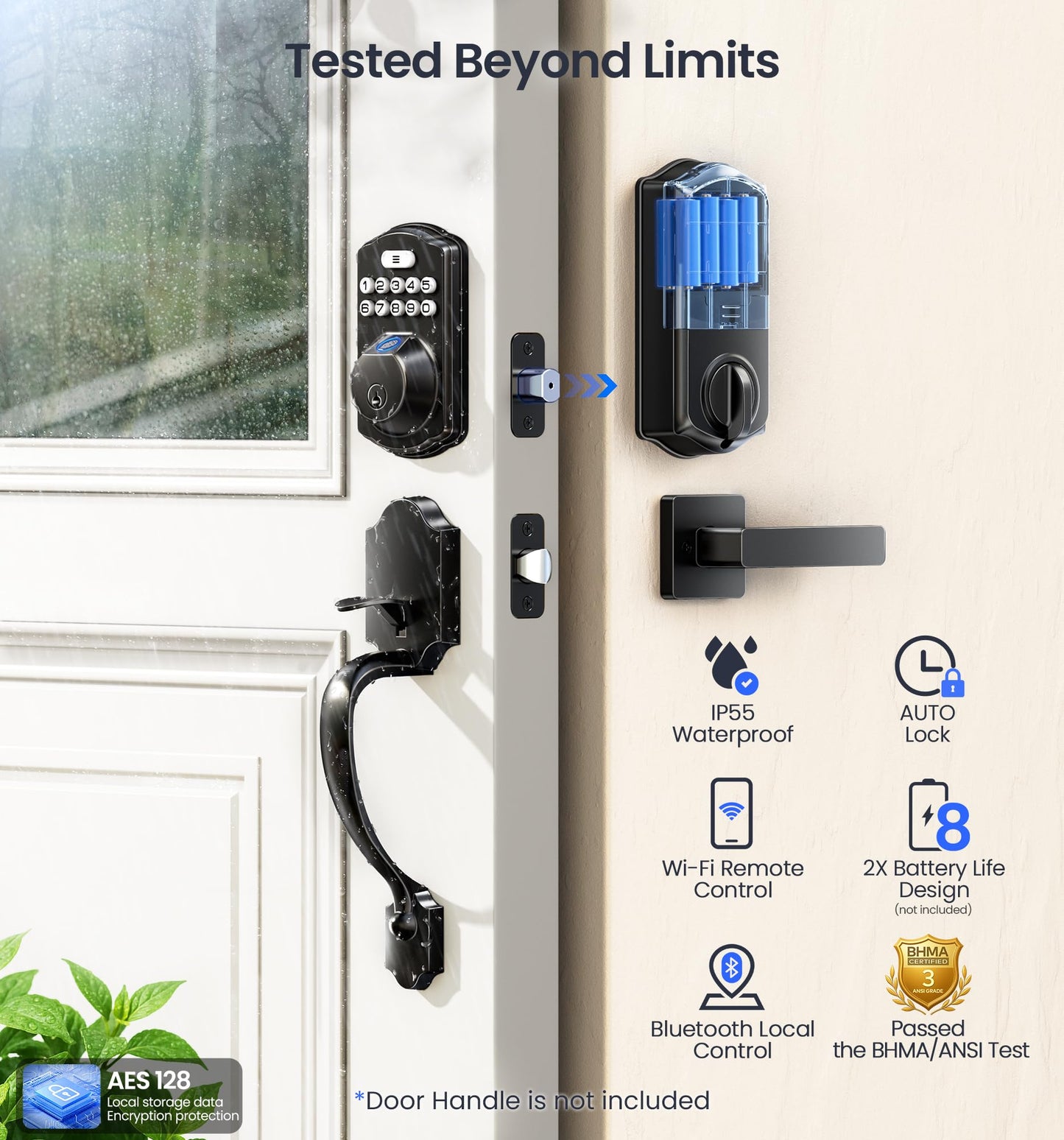 Veise VE012W Built-in WiFi Fingerprint Smart Lock, App Remote Control, No Hub Needed, Keyless Entry, Front Door Smart Deadbolt, Digital Keypad, Auto Lock, IP55 Waterproof, BHMA Grade 3, Matte Black