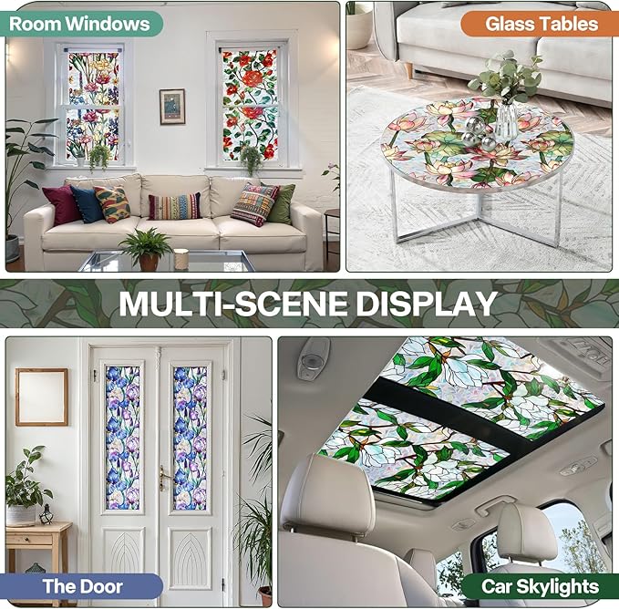 Stained Glass Window Film UV Resistant Window Privacy Film Butterfly Floral Privacy Rainbow Decals Living Room Bedroom Sun Blocking Decor Removable Static Cling Stickers 17 x 39.37 Inch