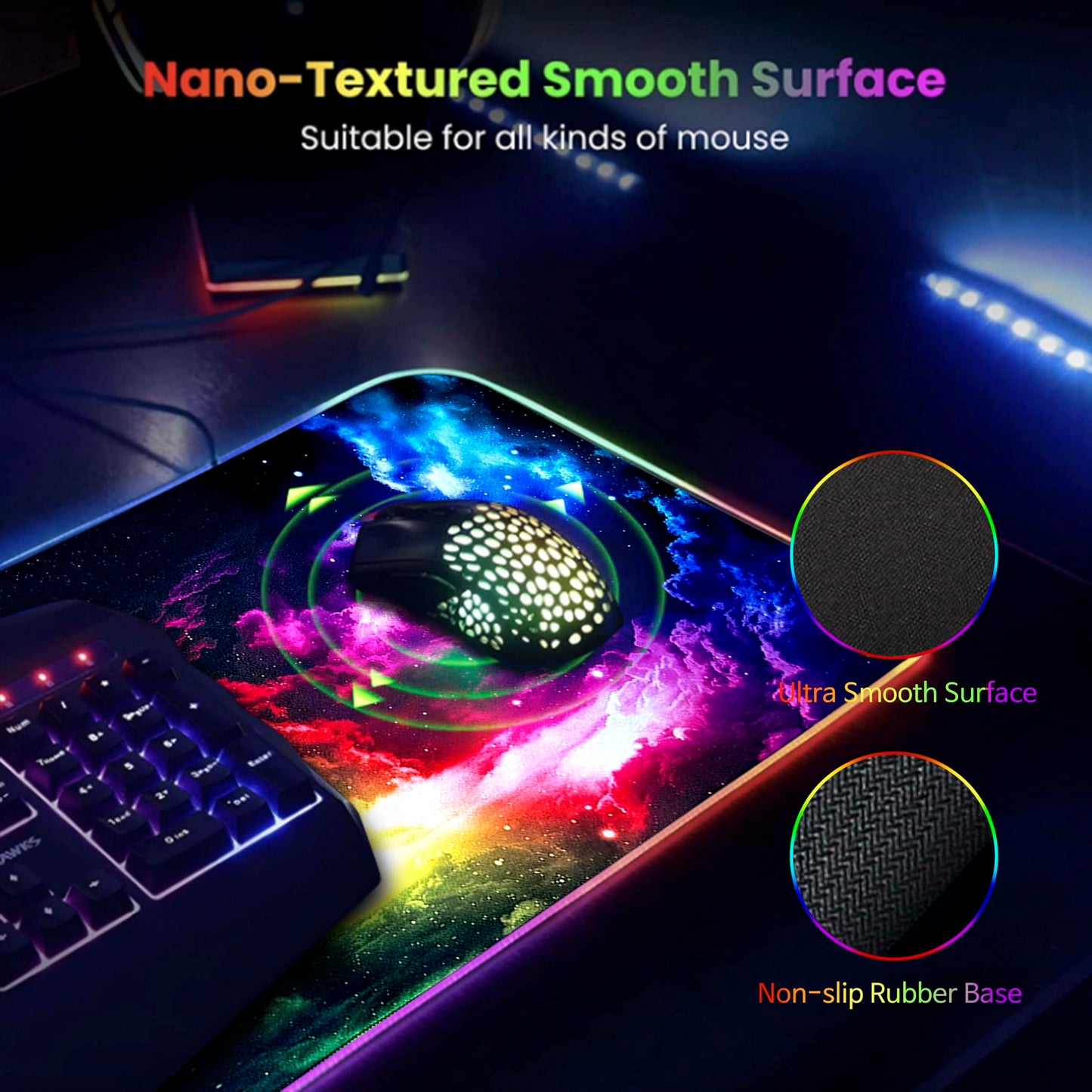 Gerlos RGB Large Gaming Mouse Pad, Extended Soft LED Mouse Pad, Non-Slip Rubber Base, Water Resist Keyboard Pad, Computer Mousepad 31.5×11.8 inches
