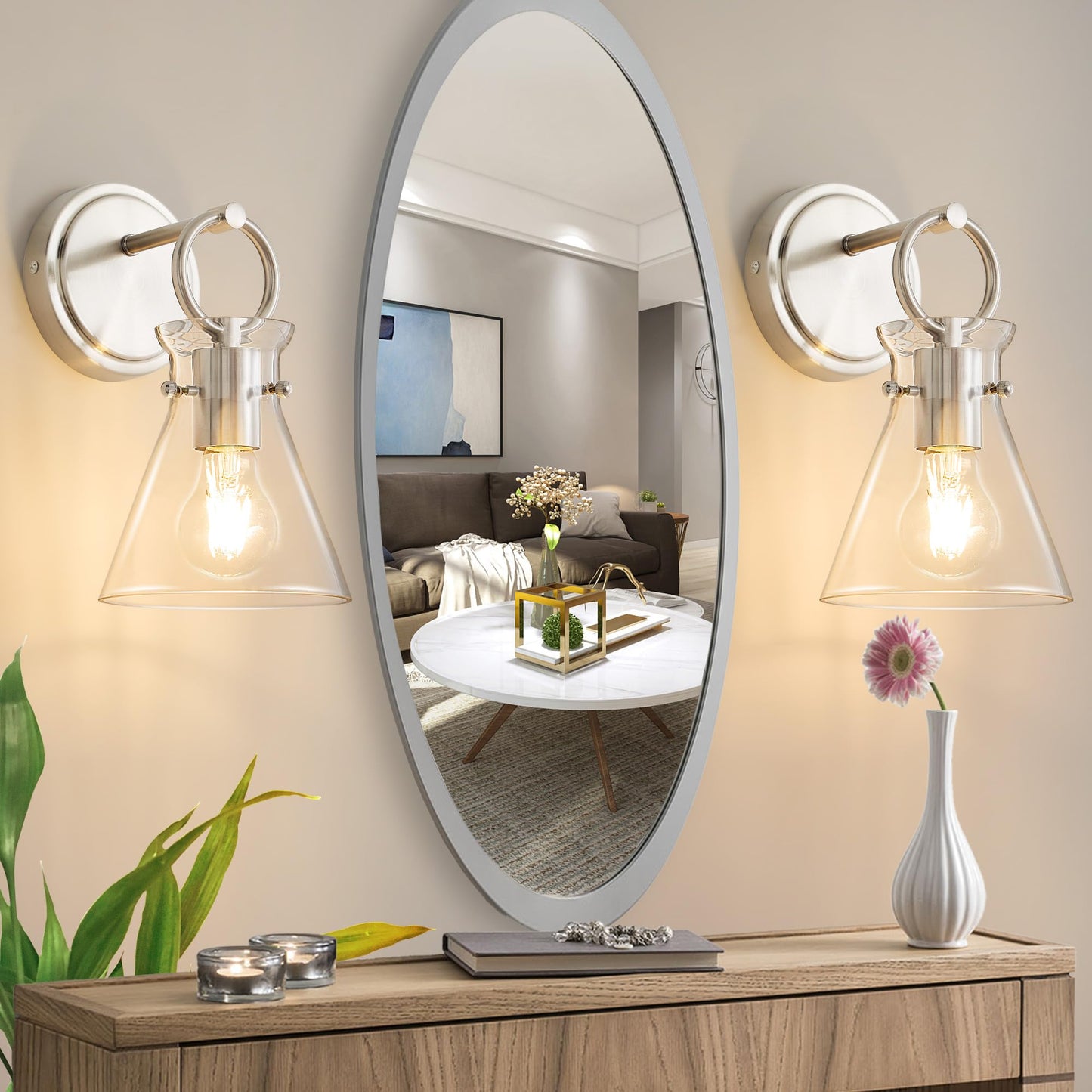 Gednbo Wall Sconces 2 Pack Modern Vanity Light Fixtures For Bathroom Nickel Wall Mount Lighting Lamp Hardwired Farmhouse Wall Lights With 6 Inch Clear Glass Shade For Bedroom Living Room Mirror