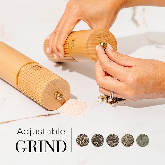 Styled Settings Wooden Salt and Pepper Grinder Set with Gold Accents – Refillable Wooden Manual Salt and Pepper Mill Set with Adjustable Ceramic Mills & Matching Wood Stand - Ideal for Gifting