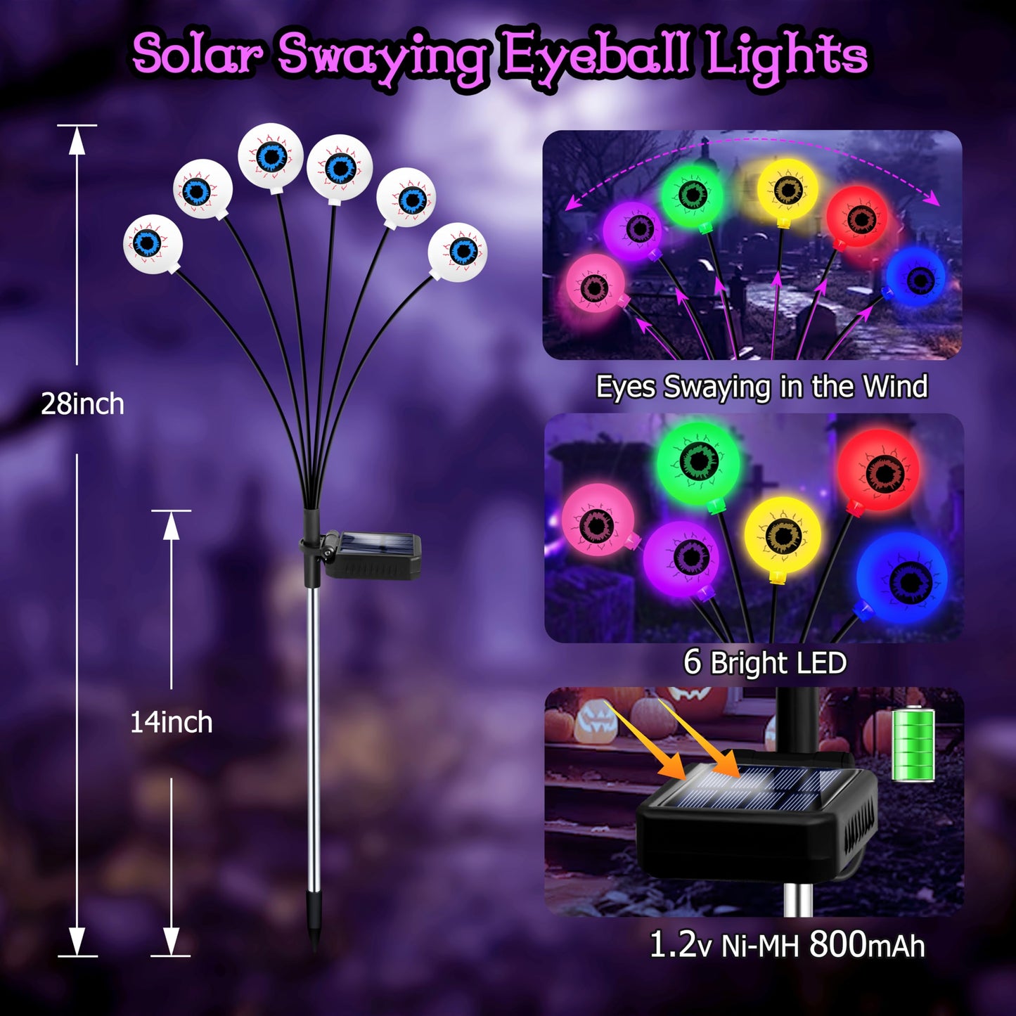 Kohlrabi 4 Pack 24 Led Solar Scary Eyeball Swaying Lights  Solar Firefly Lights Waterproof For Outdoor Garden Yard Lawn Party Flower Bed Decor