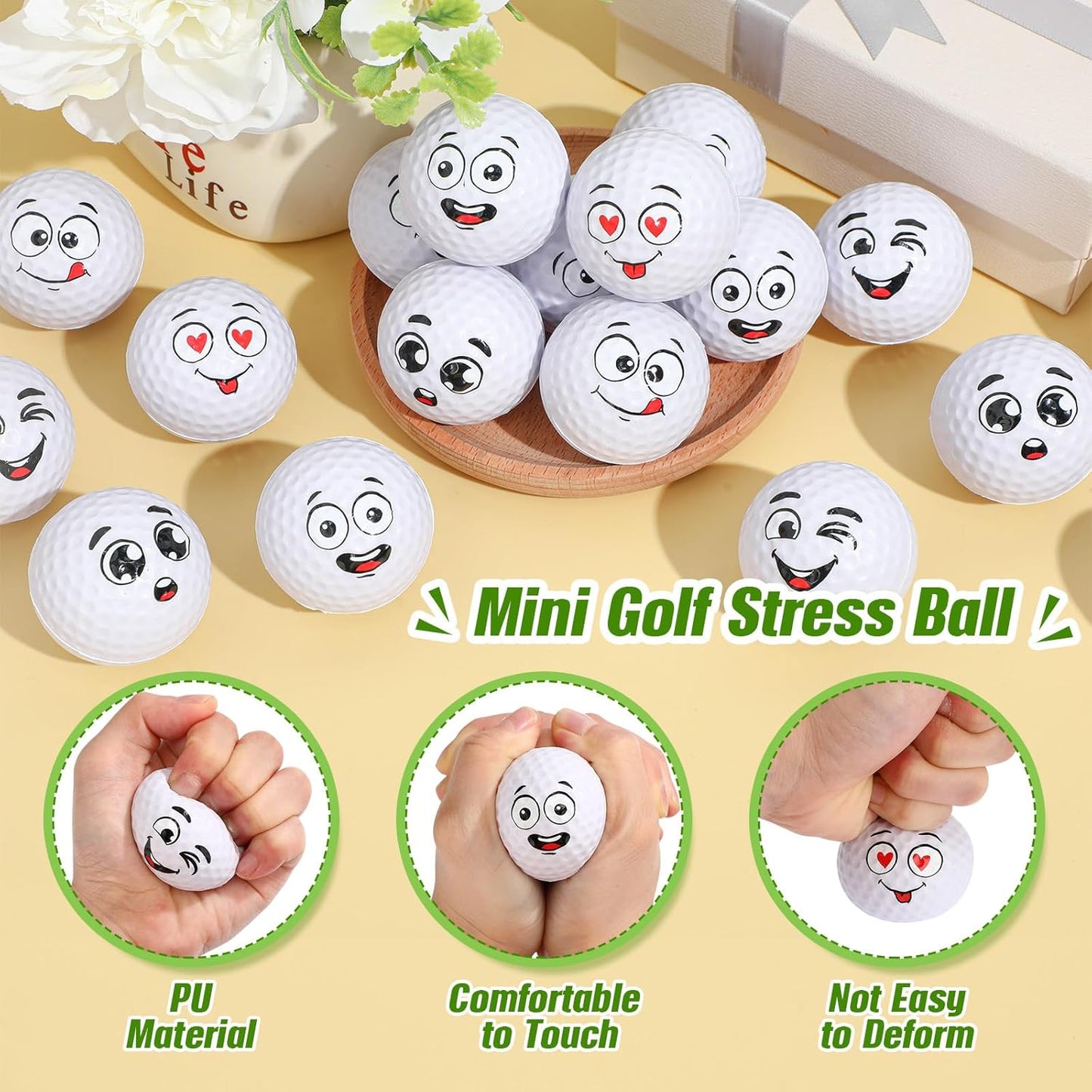 Syhood 48 Pcs Mini Golf Stress Ball Golf Party Favors 1.57 Inch Funny Face Squeeze Foam Balls with Storage Bag for Kids Men Women School Carnival Party Gift Bag Fillers