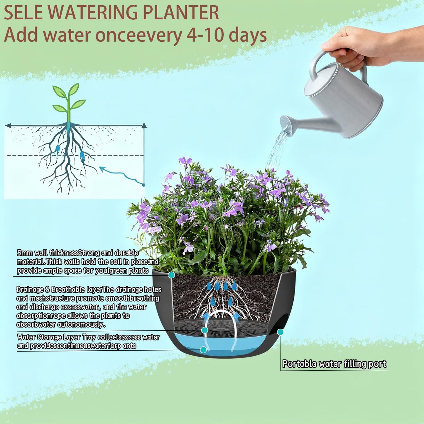 zople Set of 4-8 Inch Self Watering Hanging Planters for Indoor Outdoor，Hanging Plant Pots with Drainage & Removable Tray, Hanging Pots Holder for Ivy, Pothos, Ferns, Balcony & Patio, Black