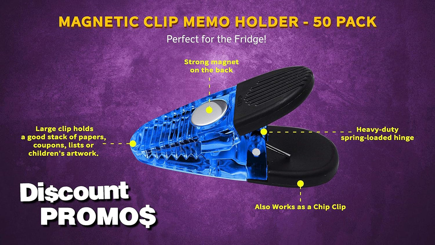 50 Magnetic Memo Holders Set - Customizable Text, Logo - Large Clip, Plastic - TBlue