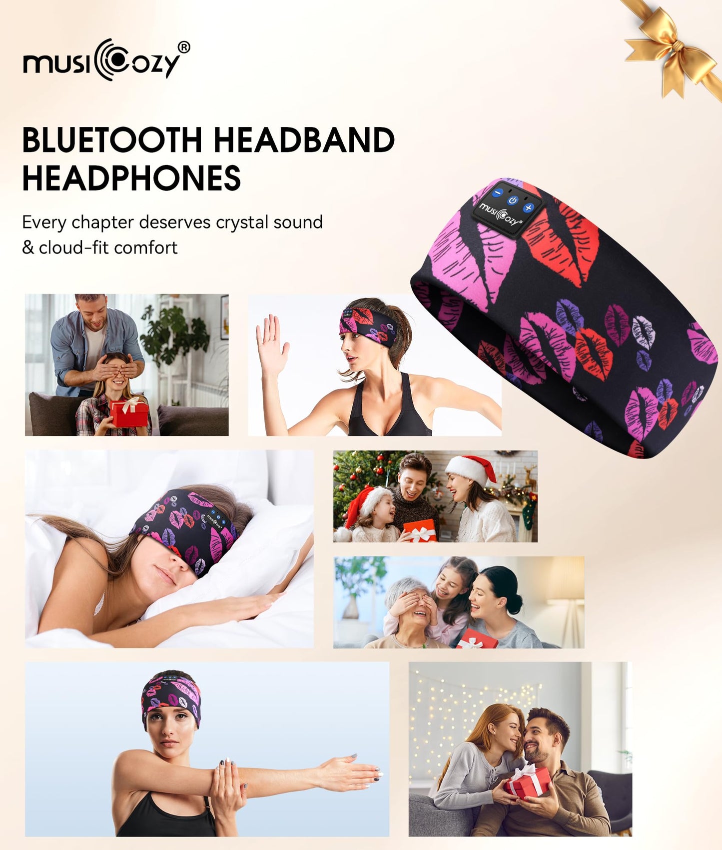 MUSICOZY Sleep Headphones Bluetooth 5.4 Headband, Wireless Earphones Music Sleep Earbuds Sleeping Eye Mask with HD Stereo Speakers for Workout Running Travel Yoga, Ideal Gifts (Rainbow Lip)