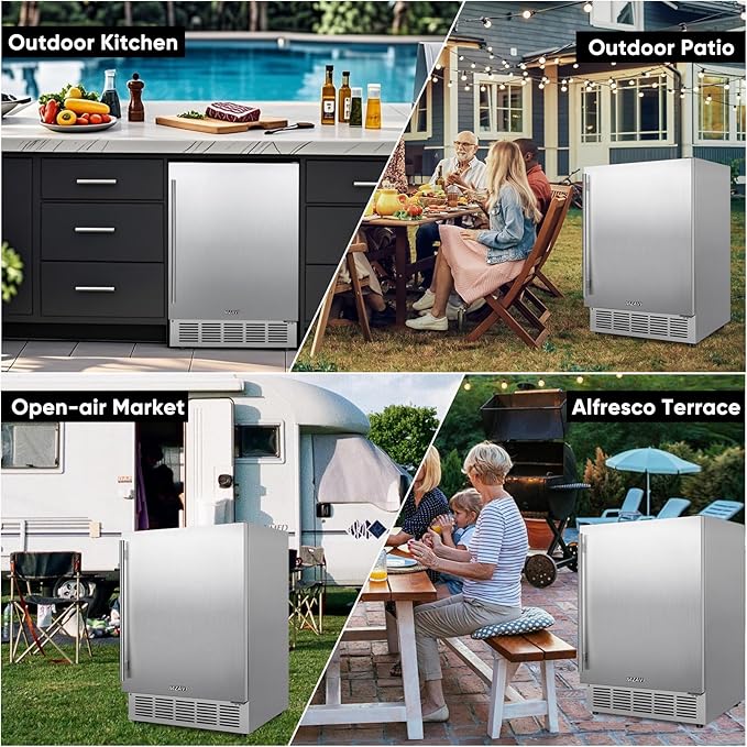 Outdoor 24 Inch Beverage Refrigerator, 180 Can Built-in or Freestanding Beverage Cooler, Stainless Steel Door, Waterproof and Fast Cooling & Low Noise - Home and Patio Use