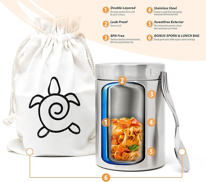 ecozoi Stainless Steel Insulated Lunch Box, Vacuum Insulated Food Jar, 17 Oz + Spork + Lunch Bag