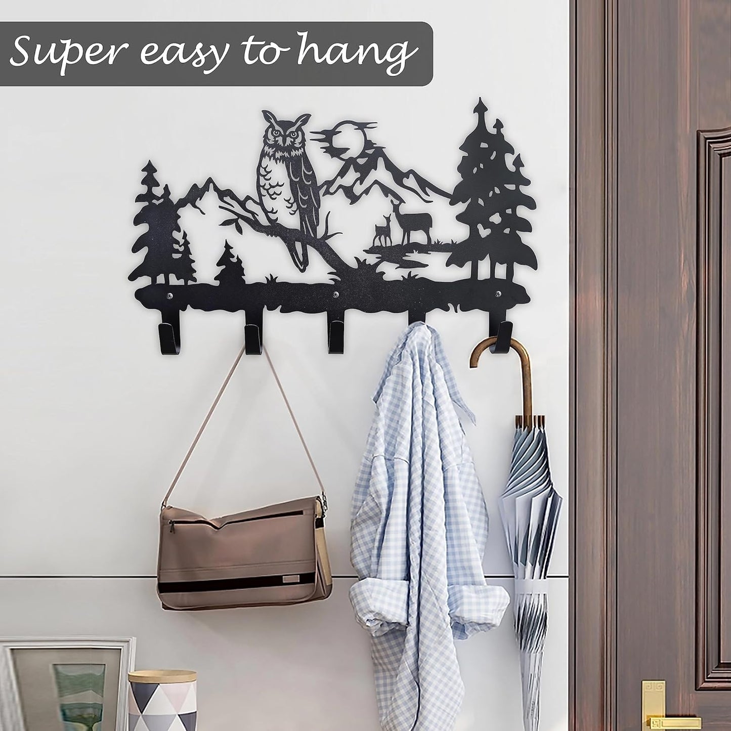 Metal Owl Hooks Wall Art Decor-Owl Hangers and Key Holder-Clothes Hat Rack and Backpack Hanger-Animal Theme Hooks Sweet Home Decor for Storage, Living Room, Hallway, Office (Black)