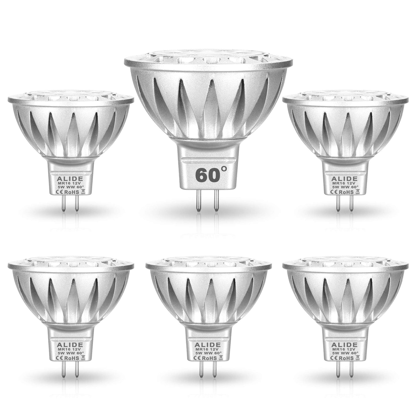 Alide Mr16 5W Led Bulbs Wide Beam Angle 60 Degree 2700K Soft Warm White  Replace 20W 35W Halogen Low Voltage 12 Volt Mr16 Gu5.3 Flood Bulb For Landscape Track Recessed Lighting 450Lm 6 Pack