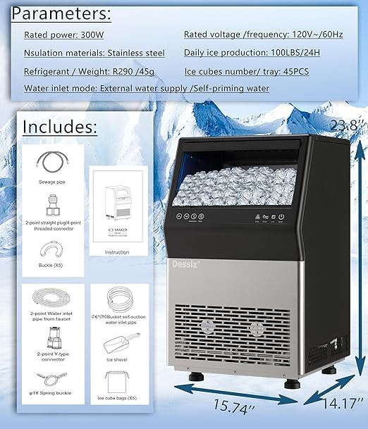 Commercial Ice Maker Machine, 100lbs/24H and 45pcs Stainless Steel Freestanding Ice Machine, Tap Water & Top Loading Under Counter ice Maker,Self-Cleaning for Bar Office Restaurant