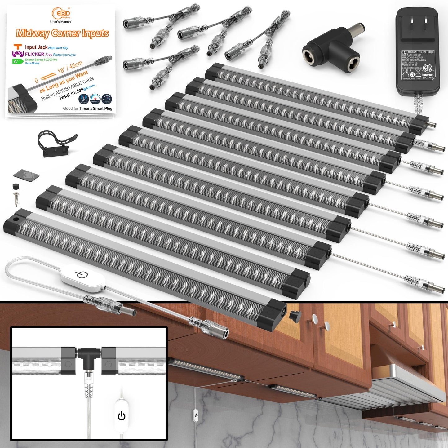 Ebd Led Under Cabinet Lighting For Kitchen Built-In Adjustable Cable & Mid Input Jack Bookshelf Plug In Light Bar 9 Pcs 4050 Lm 3000K Ultra Bright For Timer Smart Plug Alexa Google Assistant & Siri