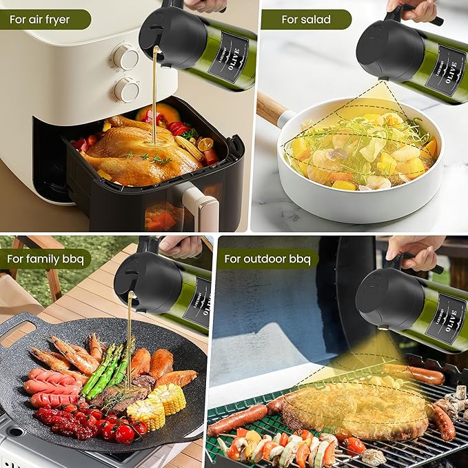 2 in 1 Oil Sprayer for Cooking 16oz, Green Light-Blocking Glass Olive Oil Dispenser Bottle, Food-Grade Oil Mister with 8 Stickers for Kitchen Salad Frying
