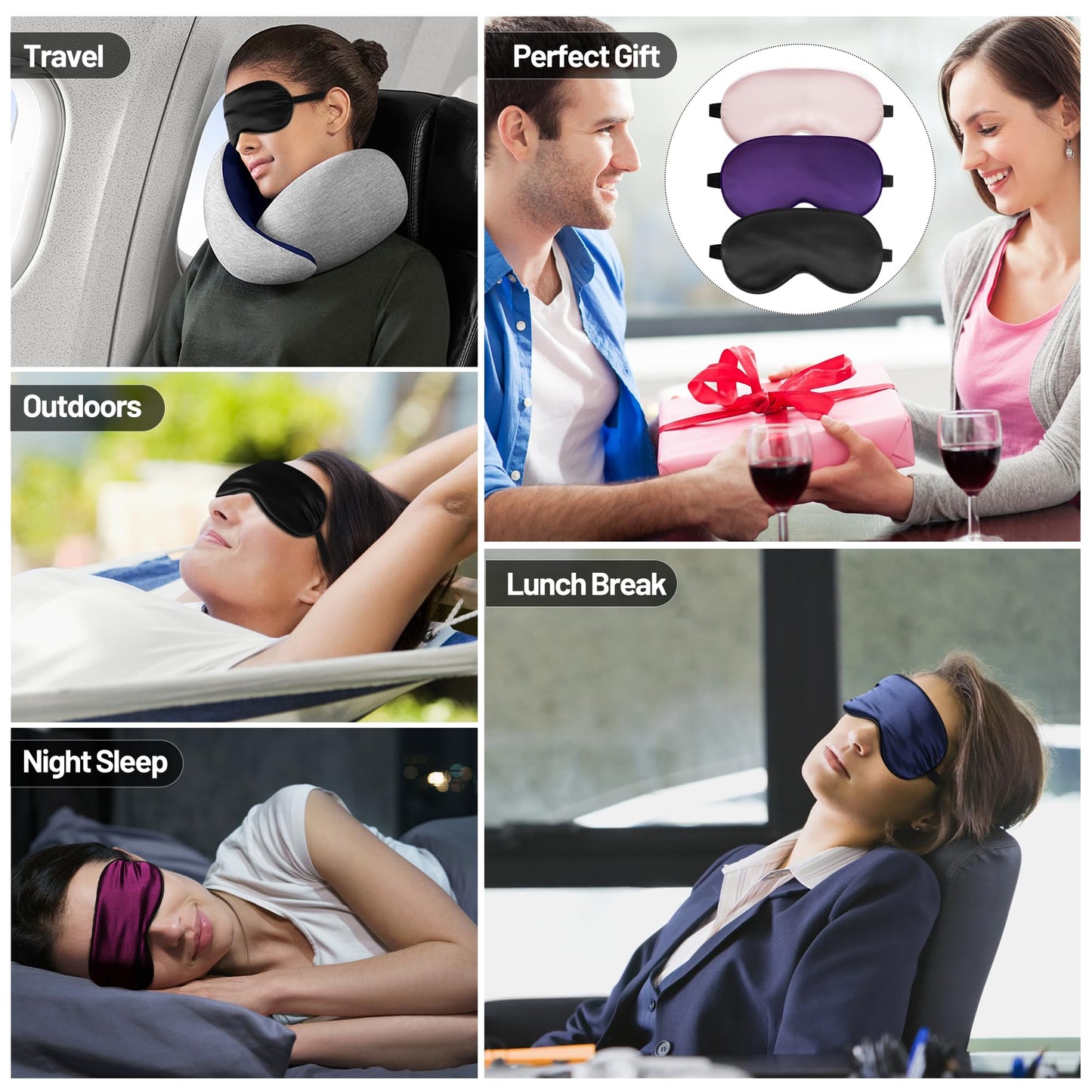 Sleep Mask, Silk Eye Mask for Sleeping with Adjustable Strap, Satin Blackout Sleeping Eye Mask for Men&Women, Comfortable Blindfold Eyeshade for Night Sleep (Black,Pink,Purple)