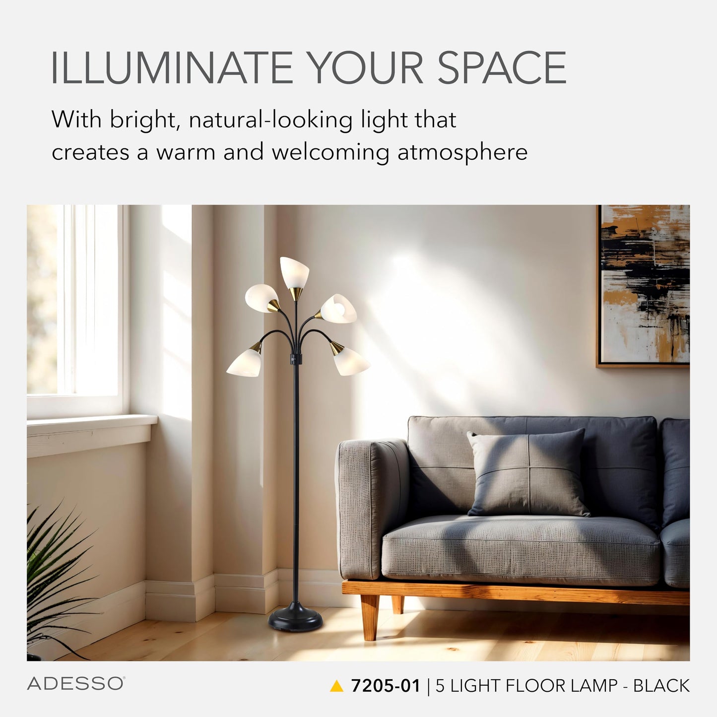 Adesso Floor Lamp With 5 Movable Shades, Adjustable Brightness, Black, Model 7205-22, Ideal For Bedroom Decor & Art Studios