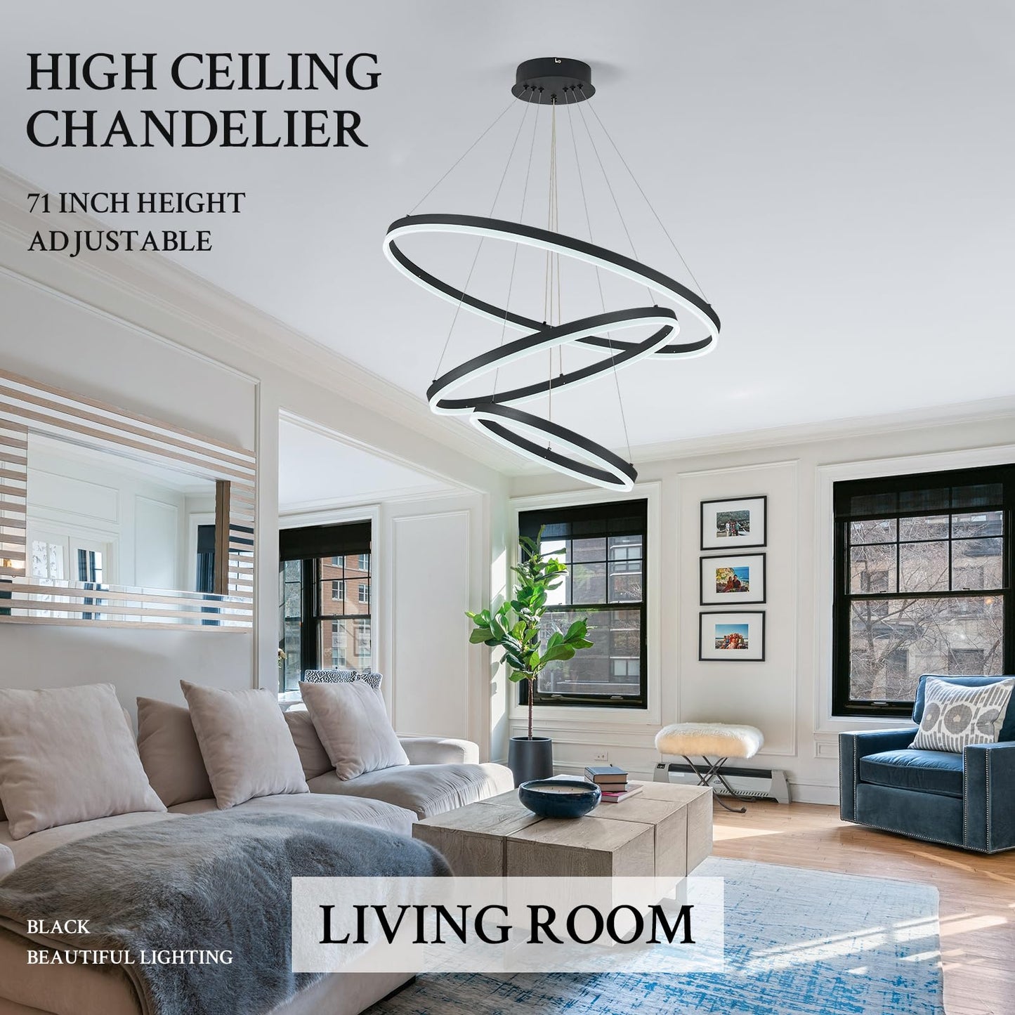 Sparklelf LED Chandelier, Dimmable Pendant Light, 3 Rings 31.5in, Black, Model SE-P60-3BDC1, Remote Control, 3000K-