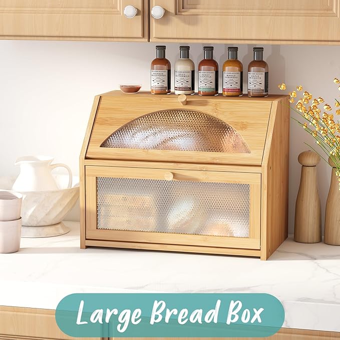 Bread Box, Bamboo Wood Bread Box for Kitchen Counter, Double-layer Bread Storage Bin, Acrylic glass with Diamond Patterns (Natural, Large)