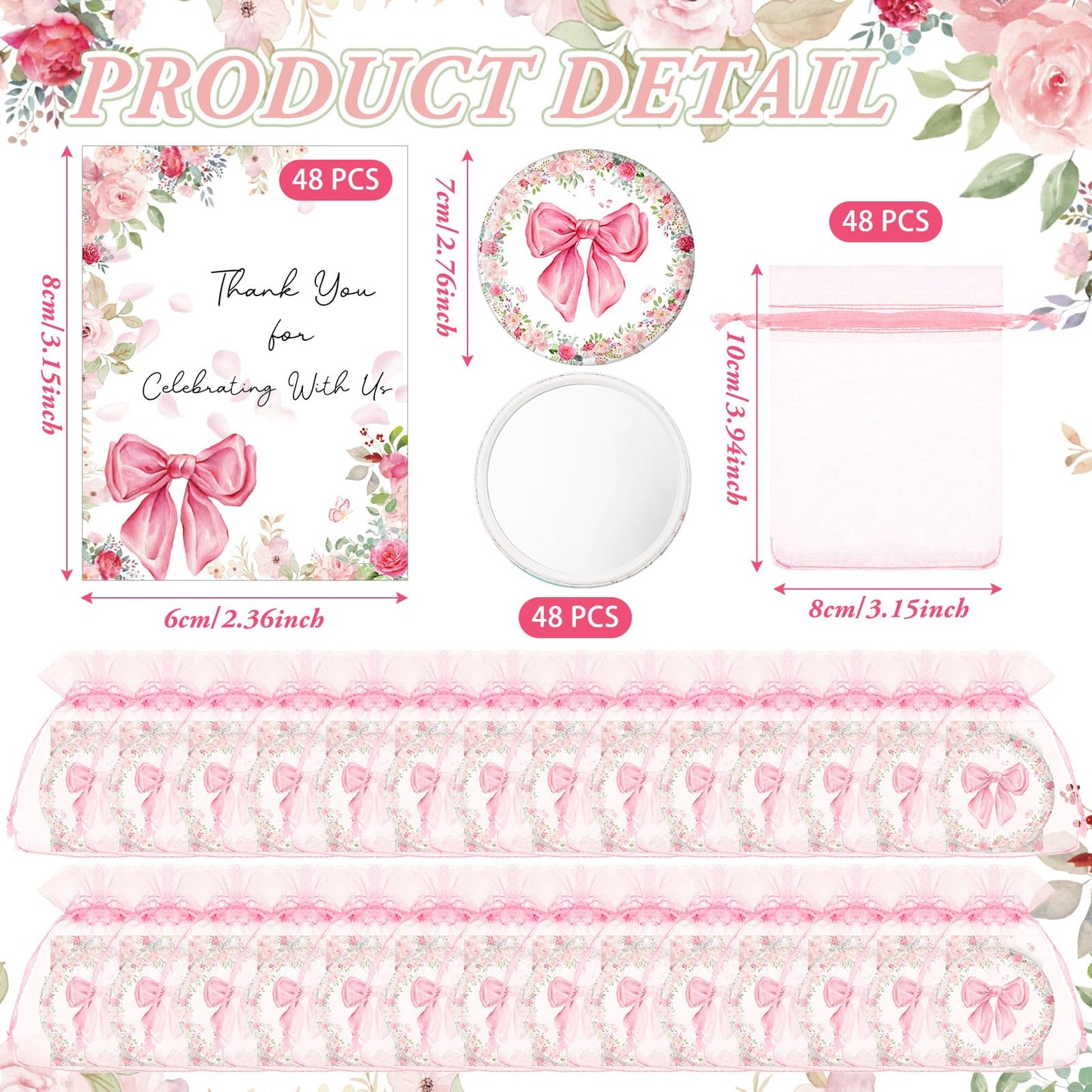 Namalu 48 Sets Coquette Pink Bow Party Favors Compact Mirror Bulk and Thank You Pink Bow Cards and Organza Bags for Bridal Weddi
