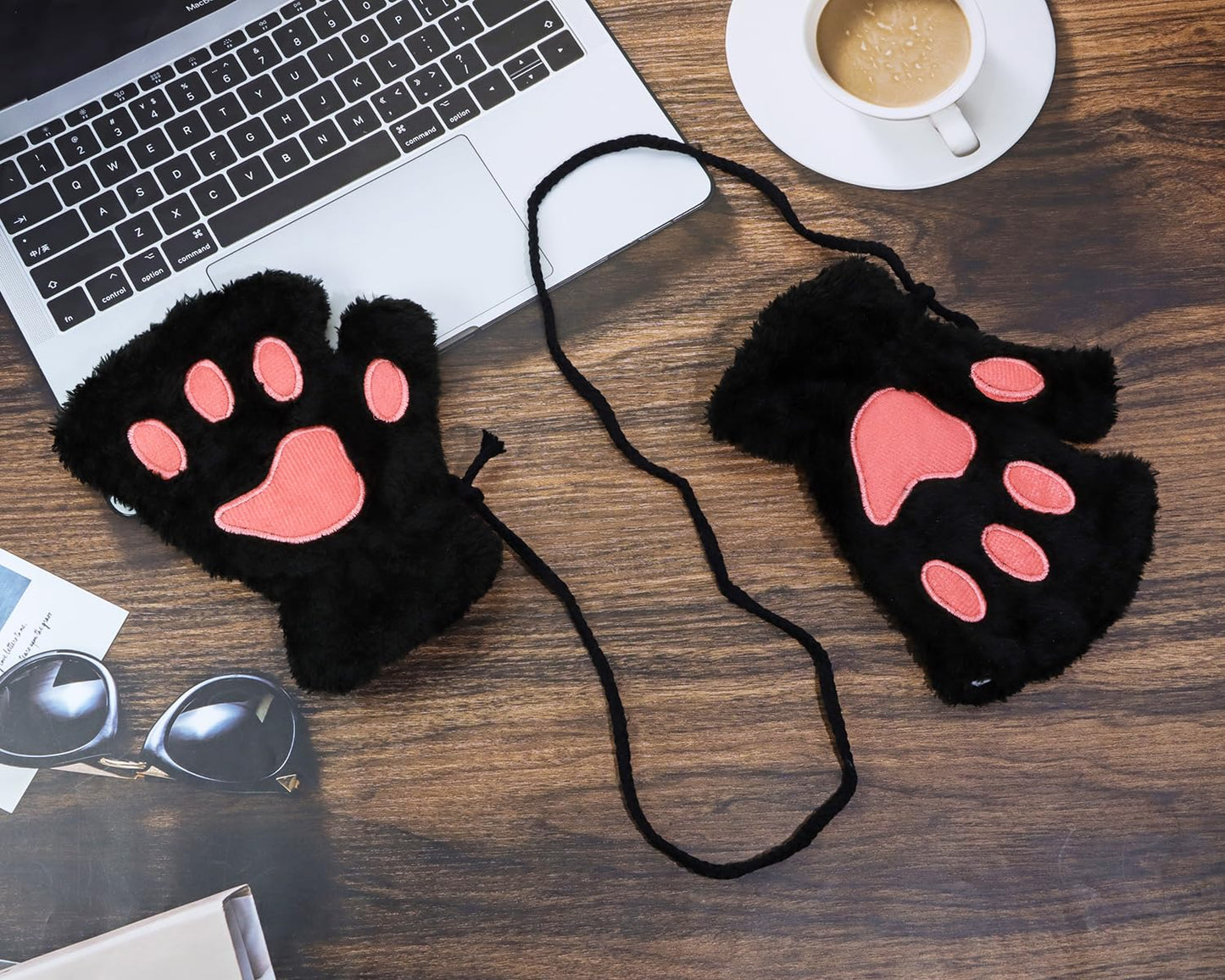 PENTA ANGEL Cat Paw Gloves Christmas Winter Plush Fingerless Gloves for Women Girls Adults Halloween Costume Accessories (Black)