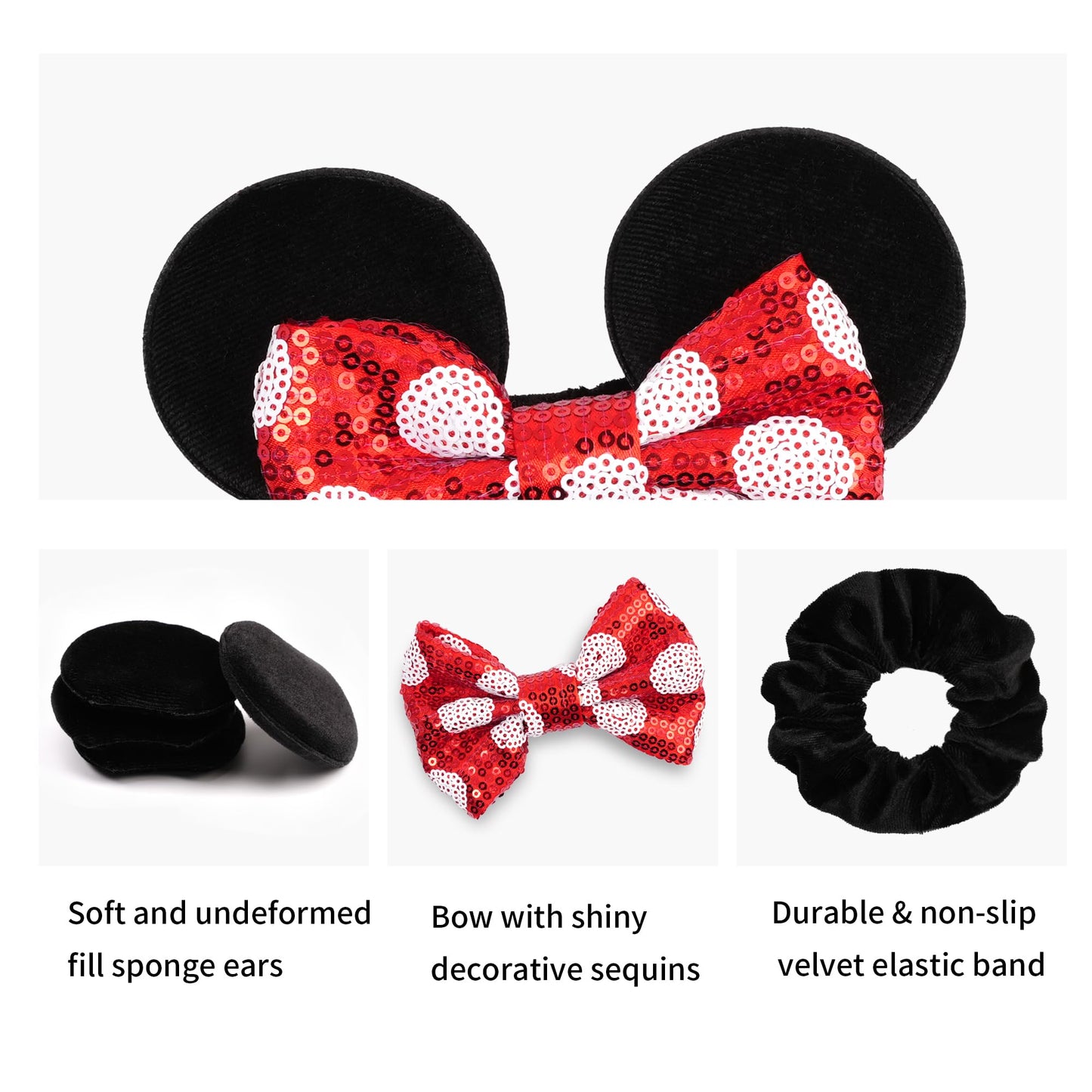 zhezesmila 3 Pack Velvet Mouse Ears Scrunchies with Bow for Women Girls Elastic Hair Ties for Pony Tail Party Costume - Cute Hai