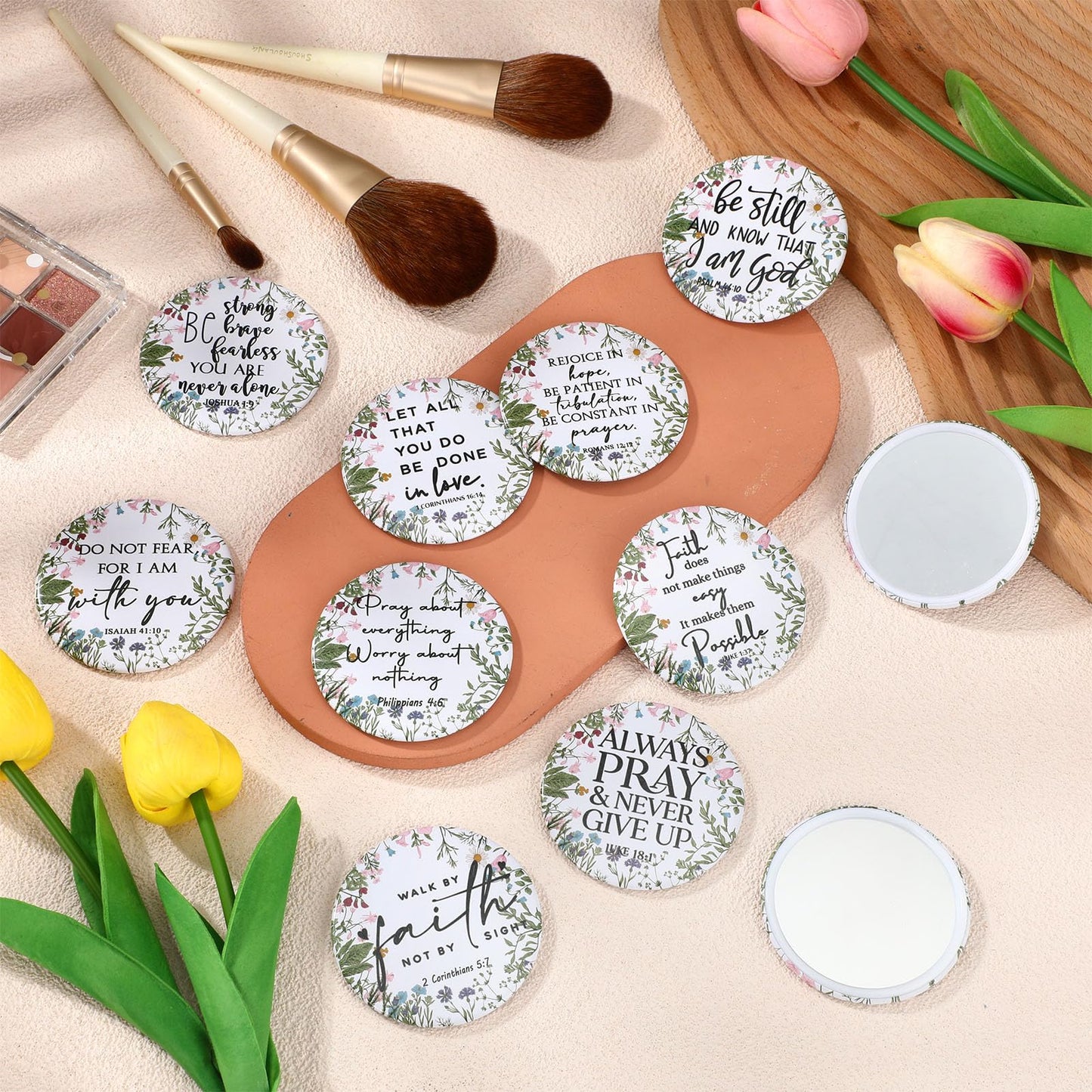 GlikCeil 60 Pcs Mother's Day Christian Gifts Bulk Mini Christian Compact Mirrors Wildflower Bible Verse Pocket Purse Mirrors Rel