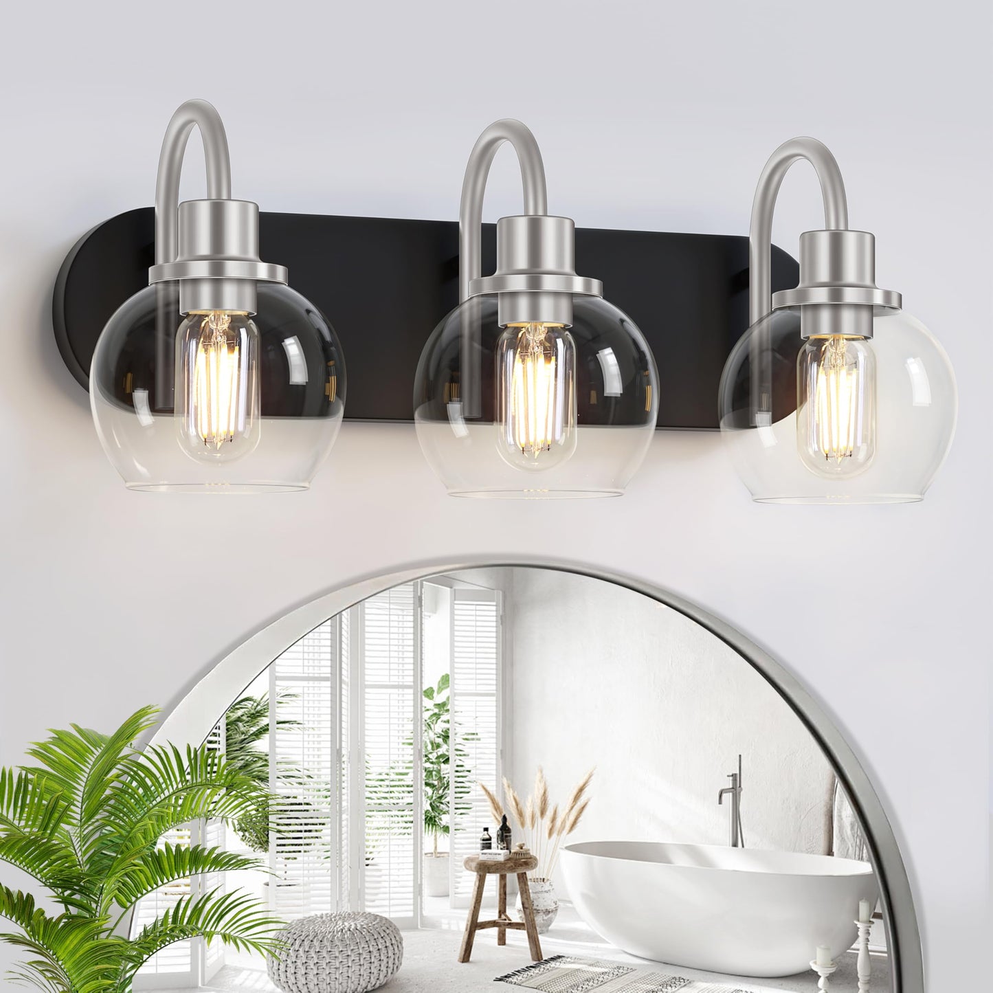 Dpyrrhic 3-Light Bathroom Vanity Light Fixture, Metal In Matte Black & Brushed Nickel, Modern Design With Clear Glass Shade