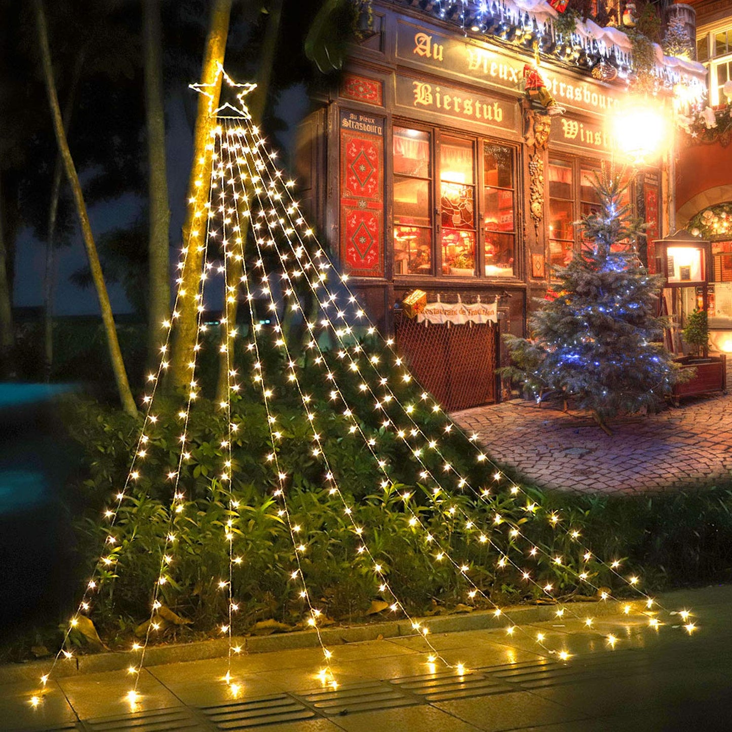 FUNIAO Christmas Decoration Lights, 320 LED Waterfall String Lights with 12in Star Topper, Warm White, Model YLS1000WD01