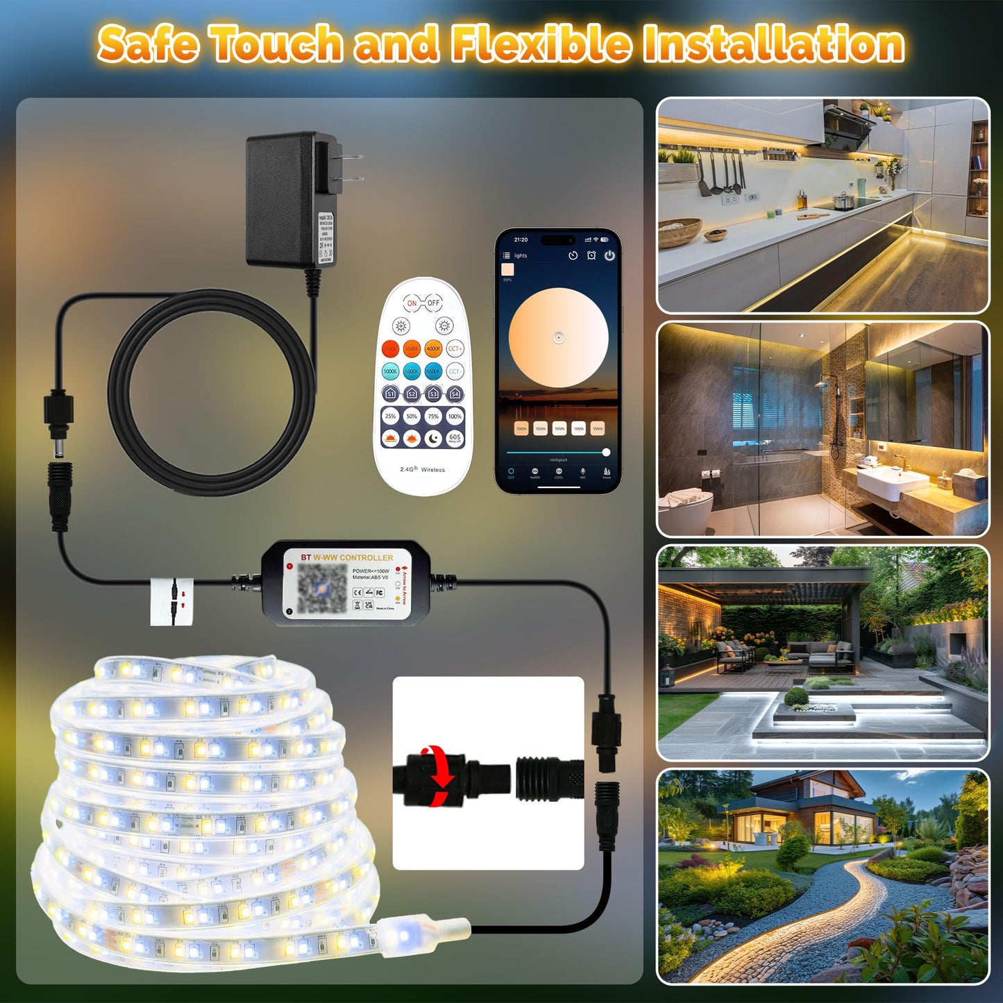Tendist 32.8Ft Outdoor Led Strip Lights Waterproof Ip67  Dimmable 3000K-6500K Warm White Led Rope Lights Outdoor Waterproof With Remote & App  24V Adhesive Exterior Lighting For Patio  Deck  Gazebo