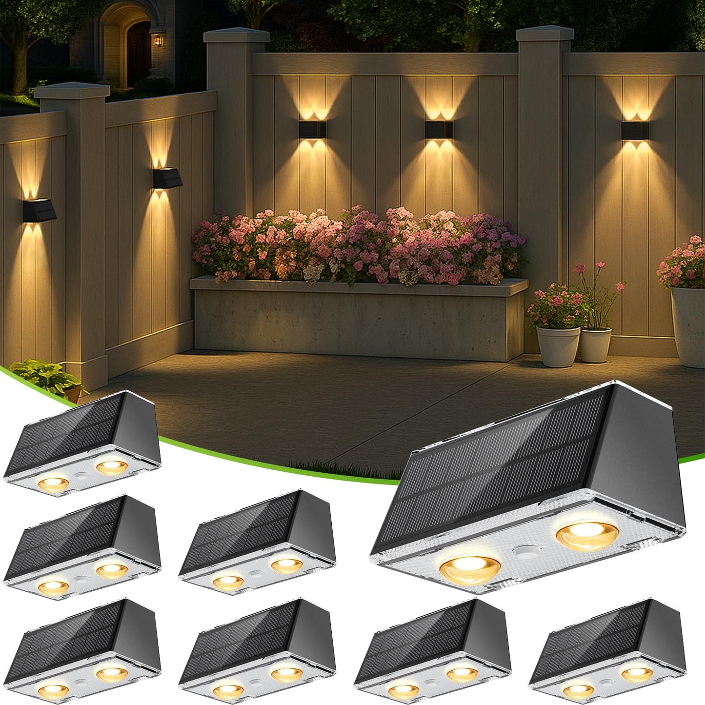LANSOW Solar Fence Lights 8 Pack, Waterproof LED Up-Down Spot Wall Lights, Warm/Cool White & RGB, Black