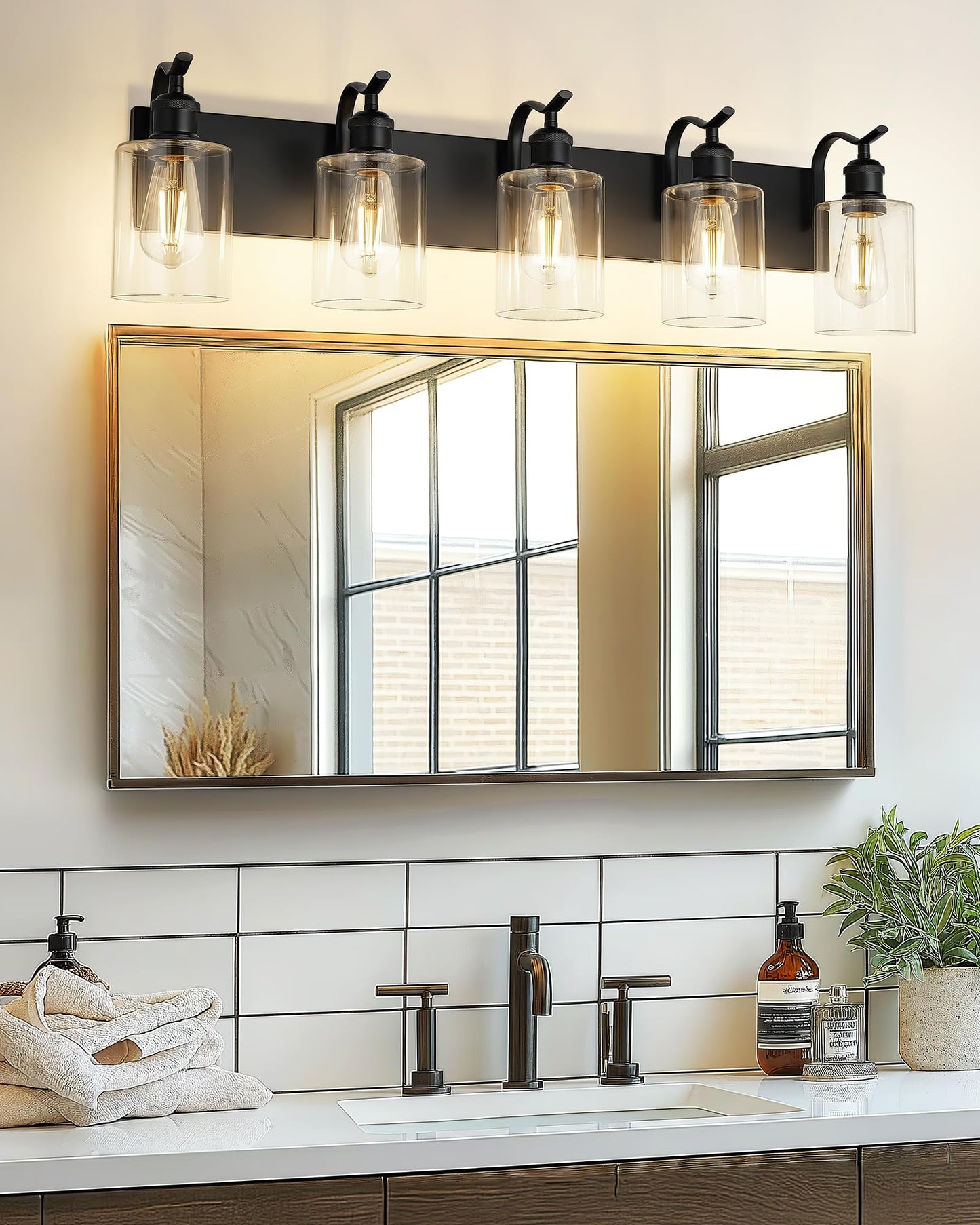 Jazava 5 Light Bathroom Vanity Light  Black Light Fixture Morden Bathroom Lighting Fixtures Over Mirror Black Wall Sconces With Clear Glass Shade Zcvl01Bk-5
