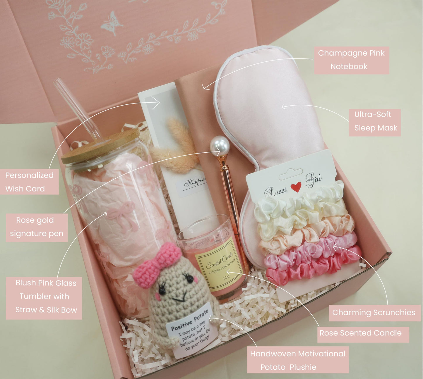 Pink Birthday Gifts for Teen Girls,Inspirational Gifts Basket for Her, Cute Bow Theme Birthday Gifts for Women, Friendship Gifts for Daugther/Sister/Friend /Besite（Pink &Bow)