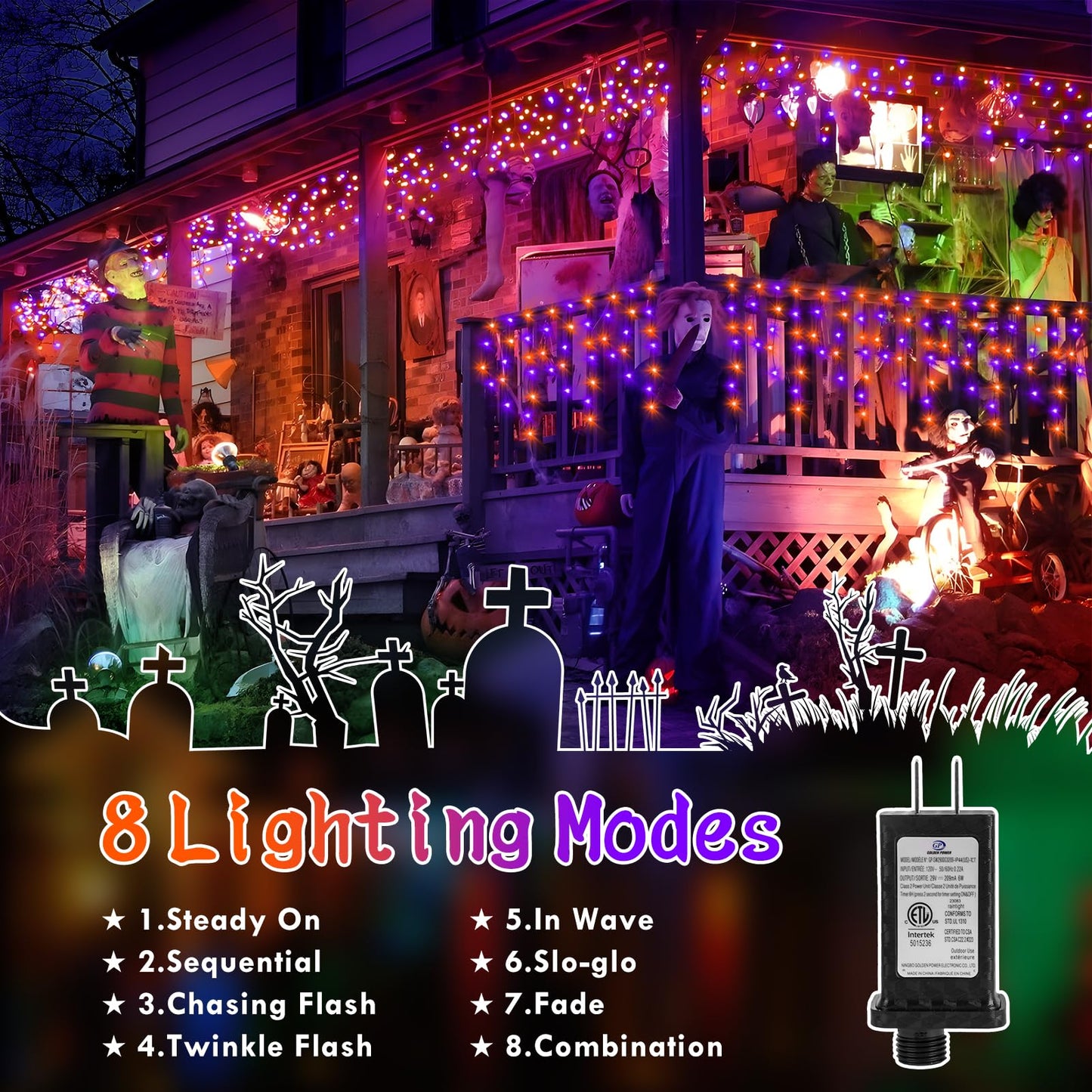 KNONEW Outdoor Halloween String Lights, 33FT 400 LED, Orange Purple, Black Wire, 8 Lighting Modes, Timer, Model KN-1000-LIG168-01