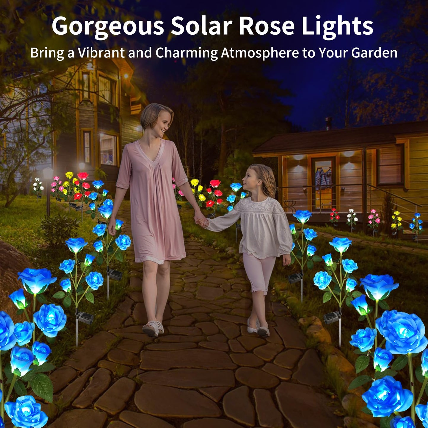 Etre Jeune Solar Garden Flower Lights Outdoor with More Realistic 10 Rose Waterproof for Outside Patio Yard Pathway Decorations, 2 Pack Blue