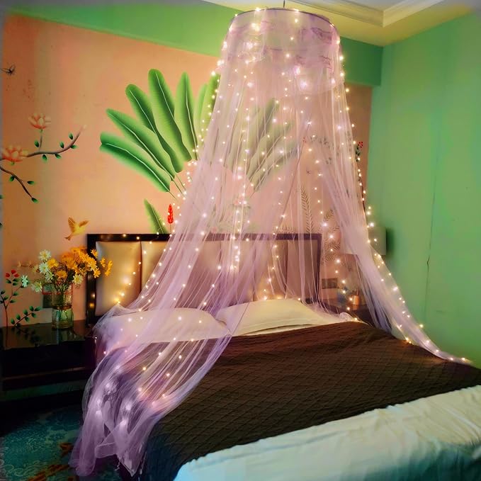 Eimilaly Lace Bed Canopy Mosquito Netting, Princess Bed Canopy for Girls Room Decor, Purple/Single Door