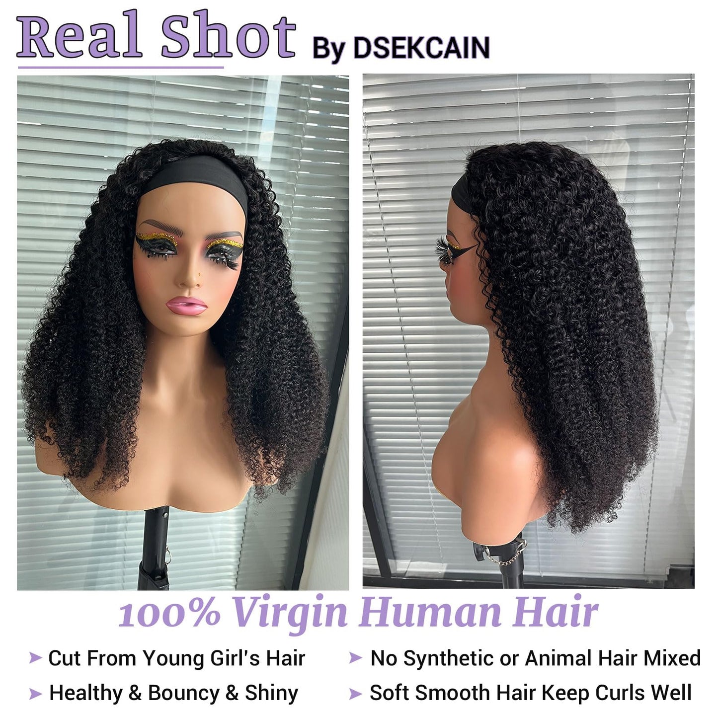 DSEKCAIN Kinky Curly Headband Wig Human Hair 26 inch 200 Density 100% Real Human Hair Curly Headband Wig No Glue No Sew In Gluel